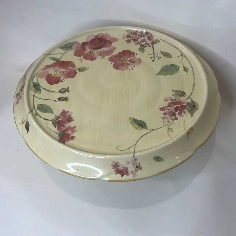 Pfaltzgraff Silk Rose Cake Plate Stand 12 In Round Creamy Yellow Pink Green
